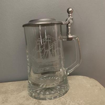 Vintage etched glass sail boat steins with pewter flip tops - Set of 3