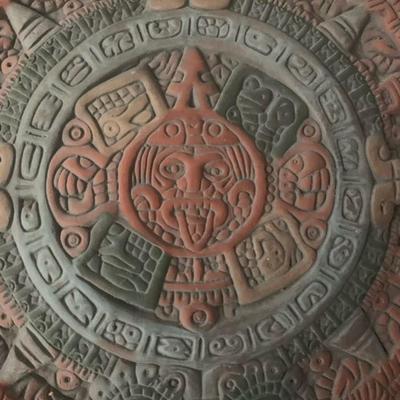 Small Mayan Calendar Wall Hanging, Clay Aztec Hanging Plaque, Nine Inch Round Mayan Artwork Aztec Gods