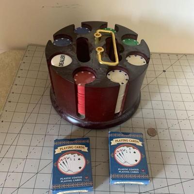 Older Wooden Lazy Susan Poker Chip Holder - Poker Chips & Playing Cards