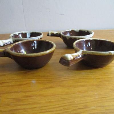 Brown Drip Pottery Handled Soup Bowls - F