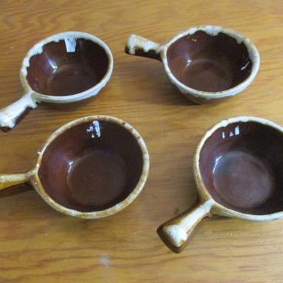 Brown Drip Pottery Handled Soup Bowls - F