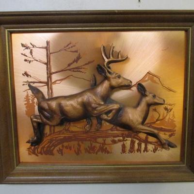 Vintage 3D Copper Buck and Doe Deer Scene Wall Decor - F