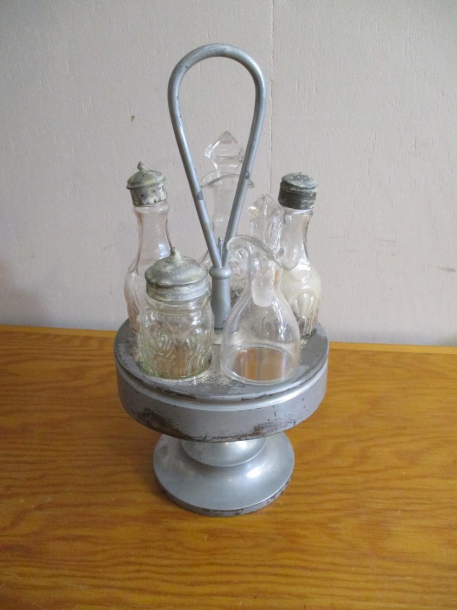 Vintage Glass Condiment Set & Caddy F