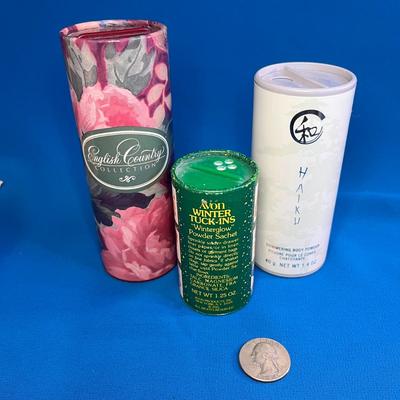 3 AVON SCENTED POWDERS- 2 BODY, 1 SACHET