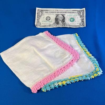 PAIR OF CROCHETED EDGE HANDKERCHIEFS