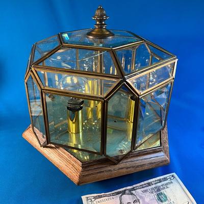 WOOD, BRASS, BEVELED GLASS LIGHT FIXTURE 9-1/2â€ DIA. 2 CRACKS