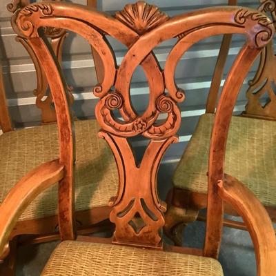 Ball and Claw chairs, 6 chairs, 2 with arms stained to match knotty pine 41"H 23"W 20" depth 17" seat depth