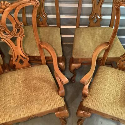 Ball and Claw chairs, 6 chairs, 2 with arms stained to match knotty pine 41"H 23"W 20" depth 17" seat depth