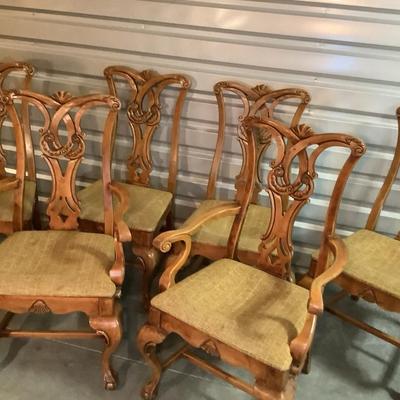 Ball and Claw chairs, 6 chairs, 2 with arms stained to match knotty pine 41"H 23"W 20" depth 17" seat depth