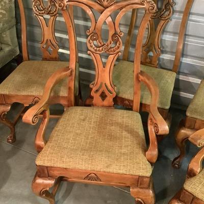 Ball and Claw chairs, 6 chairs, 2 with arms stained to match knotty pine 41"H 23"W 20" depth 17" seat depth
