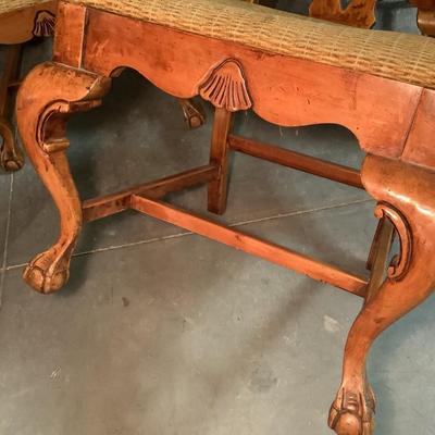 Ball and Claw chairs, 6 chairs, 2 with arms stained to match knotty pine 41"H 23"W 20" depth 17" seat depth