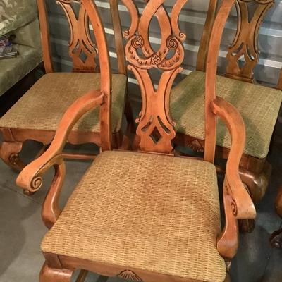 Ball and Claw chairs, 6 chairs, 2 with arms stained to match knotty pine 41"H 23"W 20" depth 17" seat depth
