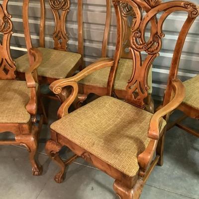 Ball and Claw chairs, 6 chairs, 2 with arms stained to match knotty pine 41"H 23"W 20" depth 17" seat depth