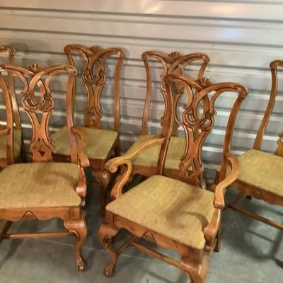 Ball and Claw chairs, 6 chairs, 2 with arms stained to match knotty pine 41"H 23"W 20" depth 17" seat depth