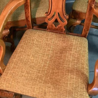 Ball and Claw chairs, 6 chairs, 2 with arms stained to match knotty pine 41"H 23"W 20" depth 17" seat depth
