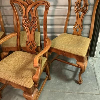 Ball and Claw chairs, 6 chairs, 2 with arms stained to match knotty pine 41"H 23"W 20" depth 17" seat depth