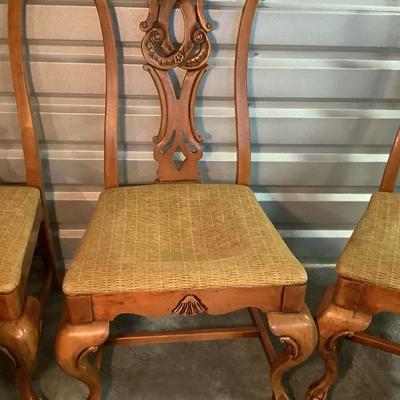 Ball and Claw chairs, 6 chairs, 2 with arms stained to match knotty pine 41"H 23"W 20" depth 17" seat depth