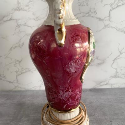 Vintage 1940 Victorian Porcelain Red Rose Floral Gold Trim MCM Table Lamp