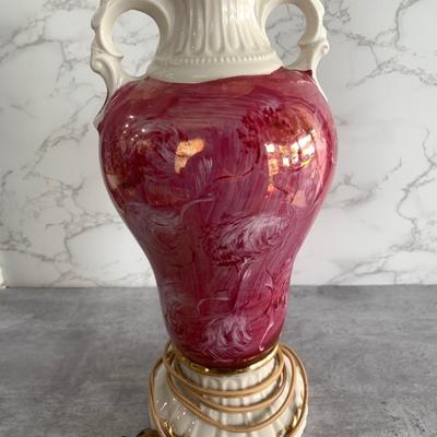 Vintage 1940 Victorian Porcelain Red Rose Floral Gold Trim MCM Table Lamp