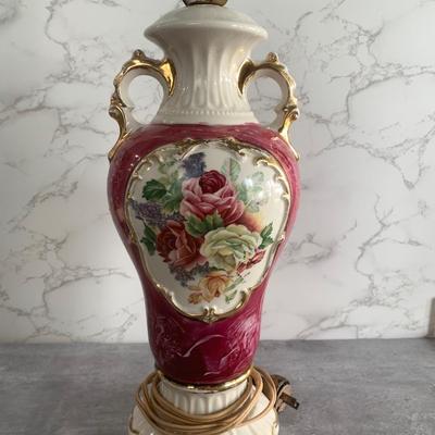 Vintage 1940 Victorian Porcelain Red Rose Floral Gold Trim MCM Table Lamp