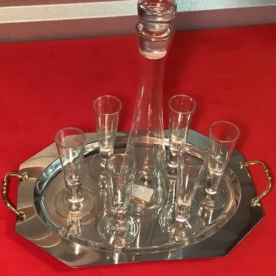 Tag Ltd Decanter with 6 cordial starburst etched glasses on a metal 2 tone silver tray with gold handles