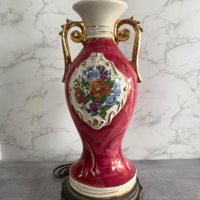 Vintage 1940 Victorian Porcelain Red Rose Floral Gold Trim MCM Table Lamp 2
