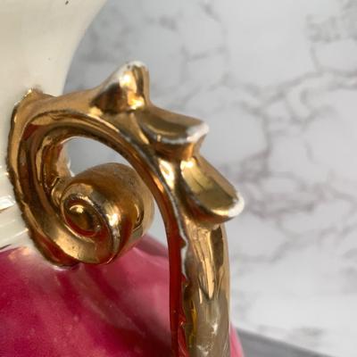 Vintage 1940 Victorian Porcelain Red Rose Floral Gold Trim MCM Table Lamp 2