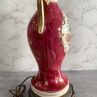 Vintage 1940 Victorian Porcelain Red Rose Floral Gold Trim MCM Table Lamp 2
