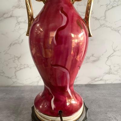 Vintage 1940 Victorian Porcelain Red Rose Floral Gold Trim MCM Table Lamp 2