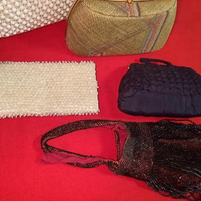 Vintage Pocketbooks-lot of 5- Japan White Lucite, Beaded, Crochet Raffia, Evening
