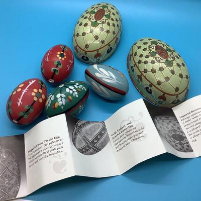 Faberge Metal Easter Egg and 4 wood painted eggs