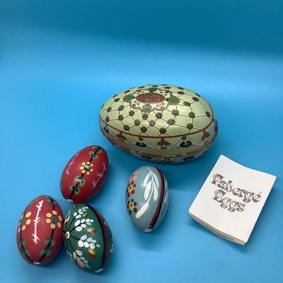 Faberge Metal Easter Egg and 4 wood painted eggs