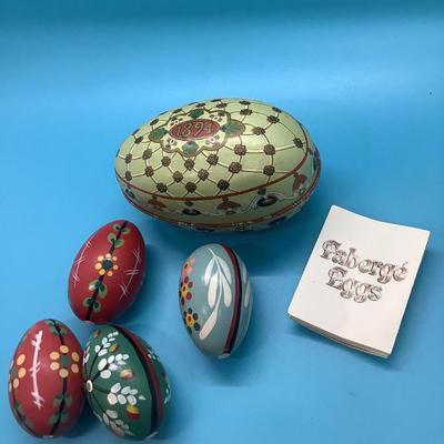 Faberge Metal Easter Egg and 4 wood painted eggs