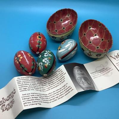 Faberge Metal Easter Egg and 4 wood painted eggs