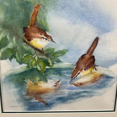 945 Original Watercolor of Birds in Birdbath by Virginia Perram