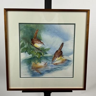 945 Original Watercolor of Birds in Birdbath by Virginia Perram