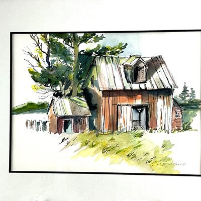 984 Original Watercolor of Barn Landscape by Virginia Perram