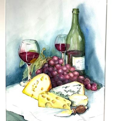 1012 Original Watercolor "Wine,Grapes,Cheese" by Virginia Perram