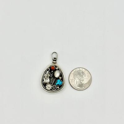 Sterling ~ Navajo Reversible Turquoise, Coral & MOP Pendant
