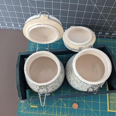 2 Piece Of White Green Speckled Grease Jar