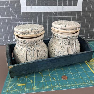 2 Piece Of White Green Speckled Grease Jar