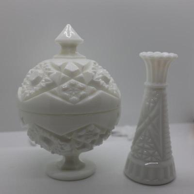 Milk Glass Candy Dish & Small Vase