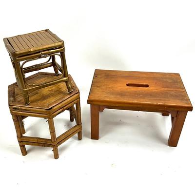 1024 Custom Made Wooden Stool by R. Day  & Rattan Stands