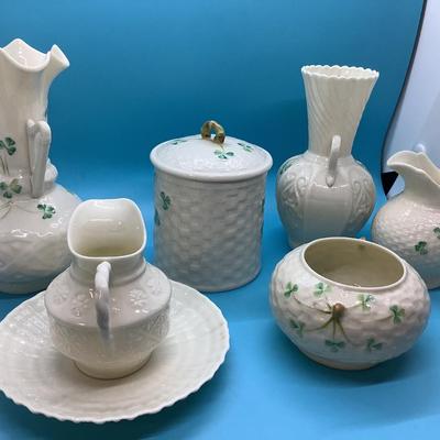BELLEEK POTTERY HANDMADE IN IRELAND 8 pieces in this lot, 2 vases, 2 creamers, saucer, sugar bowl, Jelly Jar