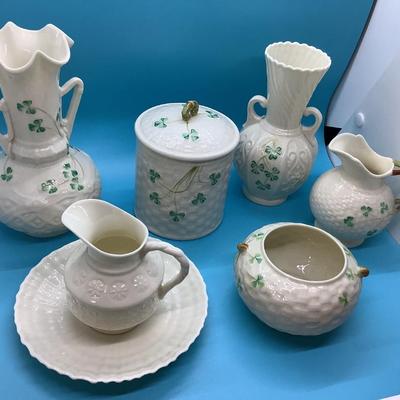 BELLEEK POTTERY HANDMADE IN IRELAND 8 pieces in this lot, 2 vases, 2 creamers, saucer, sugar bowl, Jelly Jar