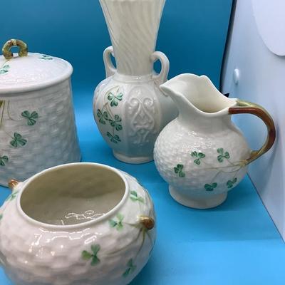 BELLEEK POTTERY HANDMADE IN IRELAND 8 pieces in this lot, 2 vases, 2 creamers, saucer, sugar bowl, Jelly Jar