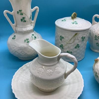 BELLEEK POTTERY HANDMADE IN IRELAND 8 pieces in this lot, 2 vases, 2 creamers, saucer, sugar bowl, Jelly Jar