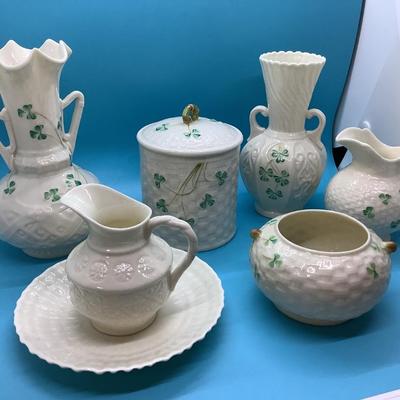 BELLEEK POTTERY HANDMADE IN IRELAND 8 pieces in this lot, 2 vases, 2 creamers, saucer, sugar bowl, Jelly Jar