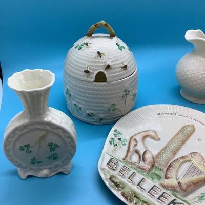 BELLEEK POTTERY HANDMADE IN IRELAND 6 pieces in this lot Honey Pot w/lid, vase, creamer, sugar bowl, Collectors' Plaque