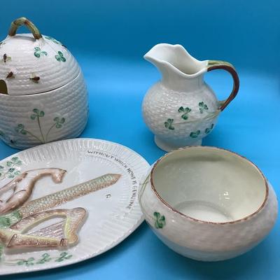 BELLEEK POTTERY HANDMADE IN IRELAND 6 pieces in this lot Honey Pot w/lid, vase, creamer, sugar bowl, Collectors' Plaque